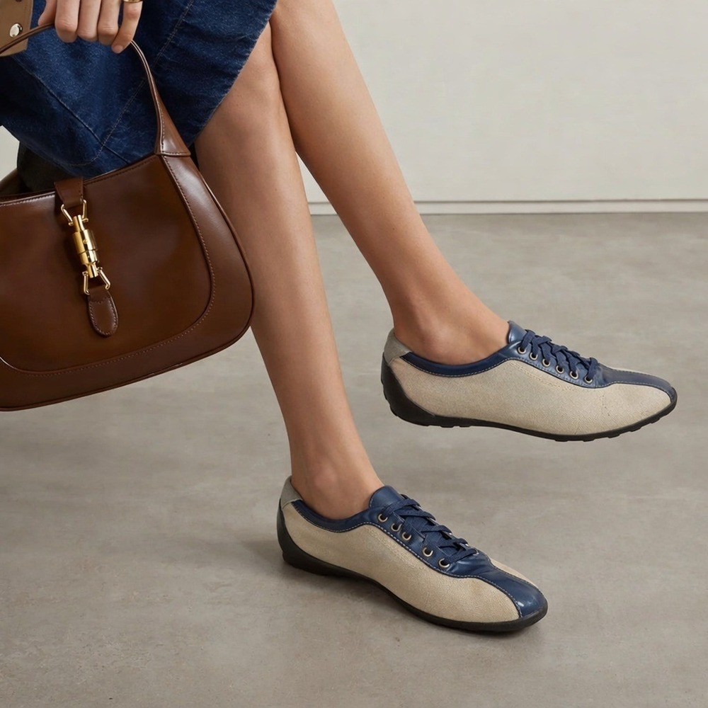 Tod's Navy Linen Leather Sneakers Womens 8.5 Low Top Driving Shoes Italy Bowling